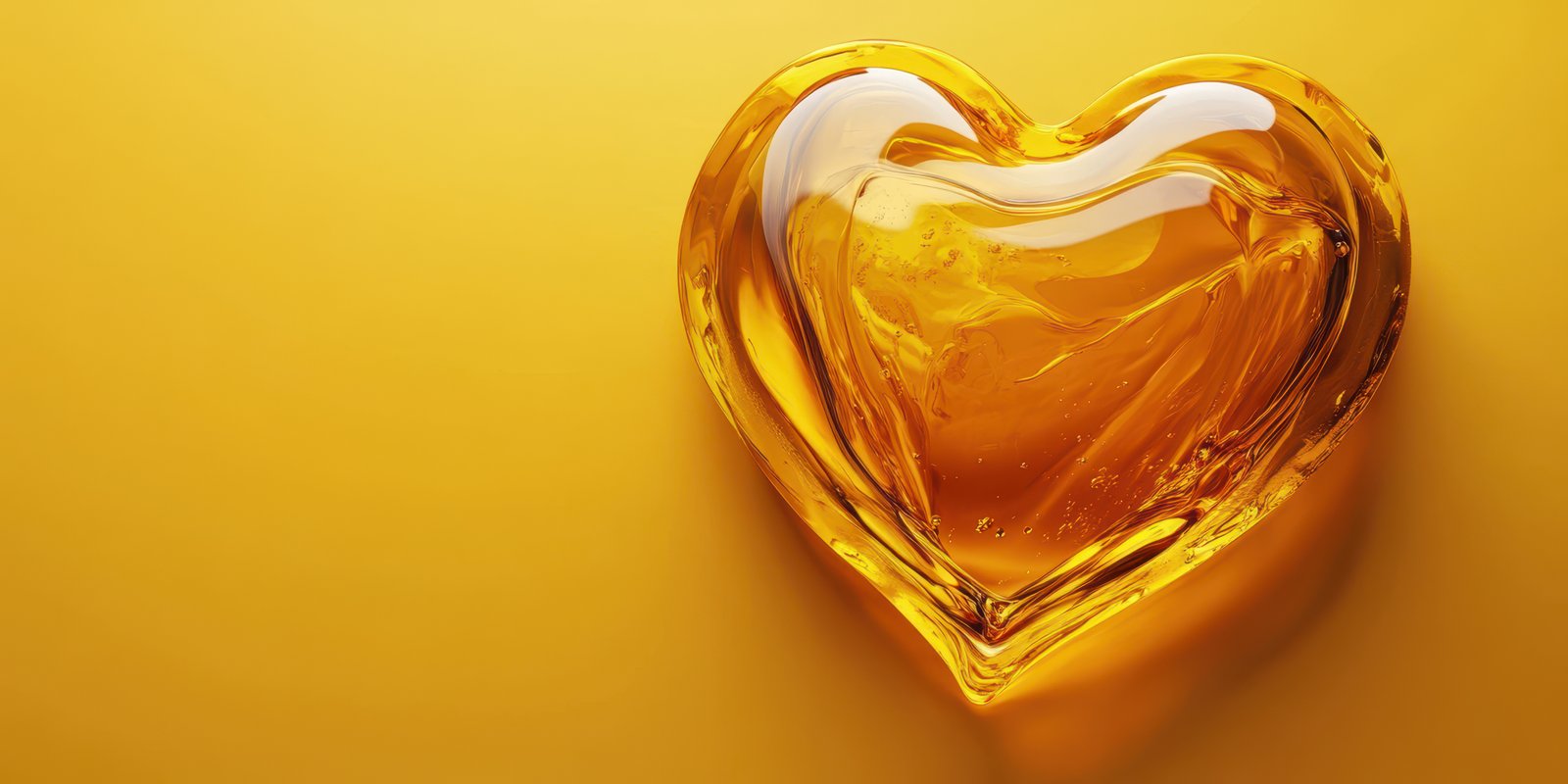 Heart-shaped amber resin on a vibrant yellow background creates a striking visual effect for artistic display
